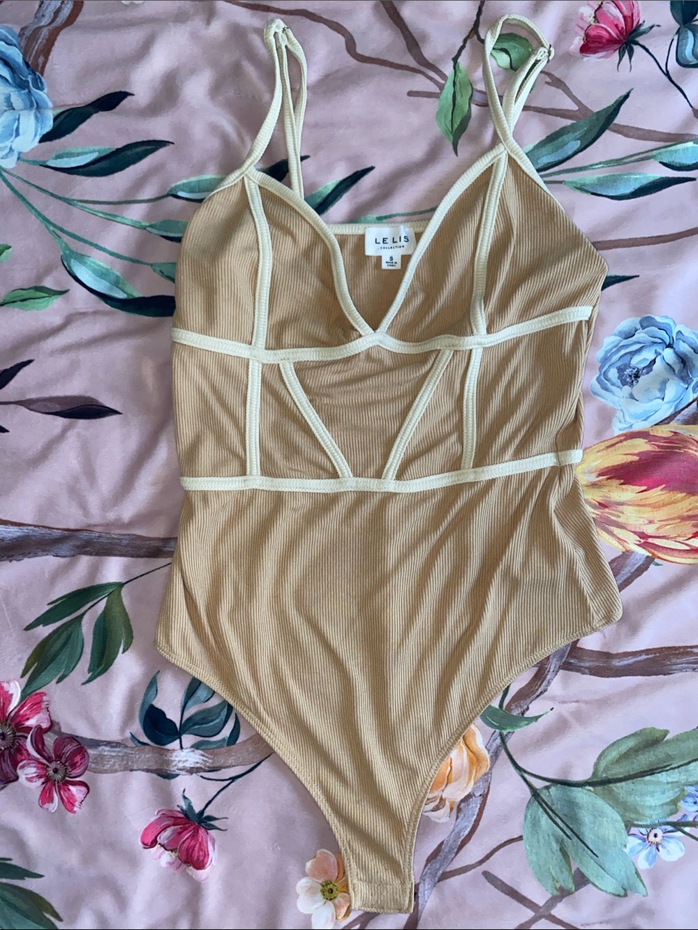 Le Lis Tan Ribbed Bodysuit with Cream Trim
